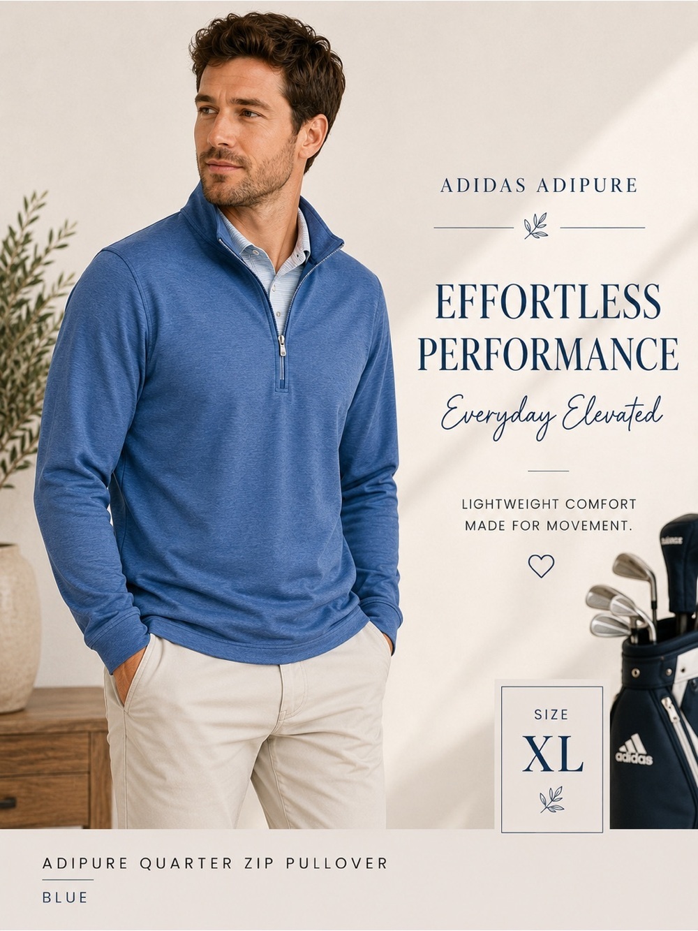 Adidas Adipure Blue Quarter Zip Pullover Golf Lightweight XL/size tag missing